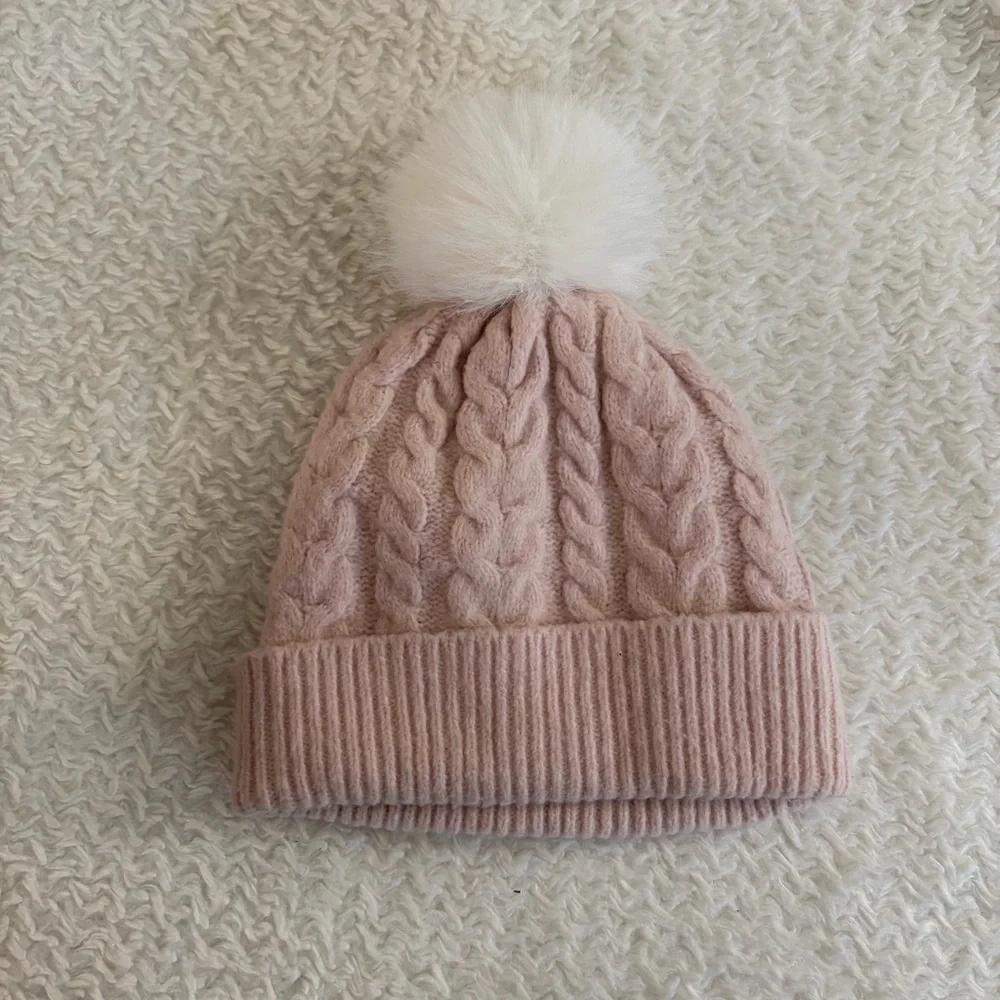 Joie pink Blush Cable Knit Beanie Pom-Pom Womens cute winter hat